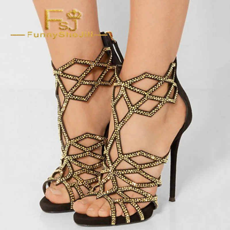 Black Gold Crystal Studs Hollow-out Evening Party Back Zippers Stiletto Heel Cage Strappy Sandals Summer Fashion Shoes Women FSJ
Black Gold Crystal Studs Hollow-out Evening Party Back Zippers Stiletto Heel Cage Strappy Sandals Summer Fashion Shoes Women FSJ