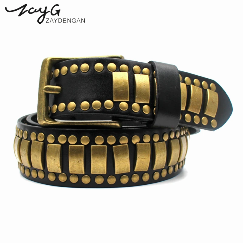 ZAYG Fashion High Quality Punk Personality Genuine Leather Pin Buckle Belt Golden metal Studded Belt Vintage Wind Big Rivet Belt
ZAYG Fashion High Quality Punk Personality Genuine Leather Pin Buckle Belt Golden metal Studded Belt Vintage Wind Big Rivet Belt