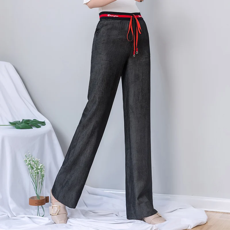 Высокая талия широкие брюки женские 2019 Лето черные на шнуровке Harajuku джоггеры