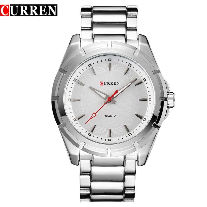 CURREN New Sport White Watches Waterproof Men's Quartz Red Hands Japan Movement Silver Stainless Steel Clock Male | Наручные часы