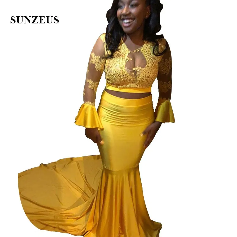 Gold Prom Gowns 2022 Two Piece Design Lace Appliques Top Long Sleeves Party Dress Sweep Train Mermaid Women Gala Dress
Gold Prom Gowns 2022 Two Piece Design Lace Appliques Top Long Sleeves Party Dress Sweep Train Mermaid Women Gala Dress