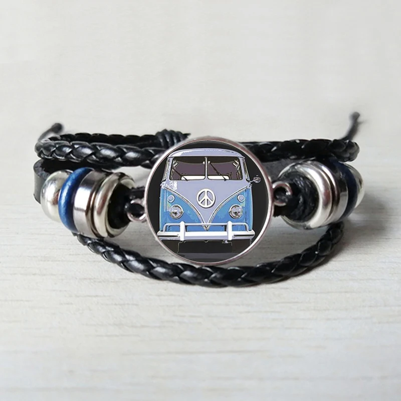 New retro hippie peace sign fan bus Leather bracelet fashion men and women jewelry convex round glass black bracelet
New retro hippie peace sign fan bus Leather bracelet fashion men and women jewelry convex round glass black bracelet