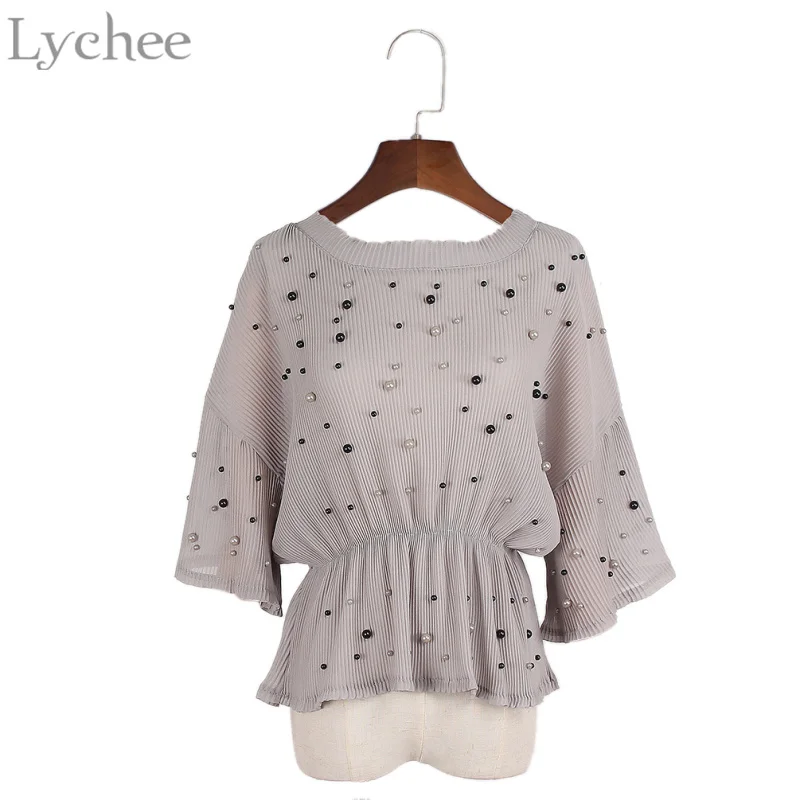 Женская винтажная блузка Lychee из шифона с бусинами, плиссированная Повседневная Свободная рубашка с рукавом до локтя, топы на весну и лето
Женская винтажная блузка Lychee из шифона с бусинами, плиссированная Повседневная Свободная рубашка с рукавом до локтя, топы на весну и лето