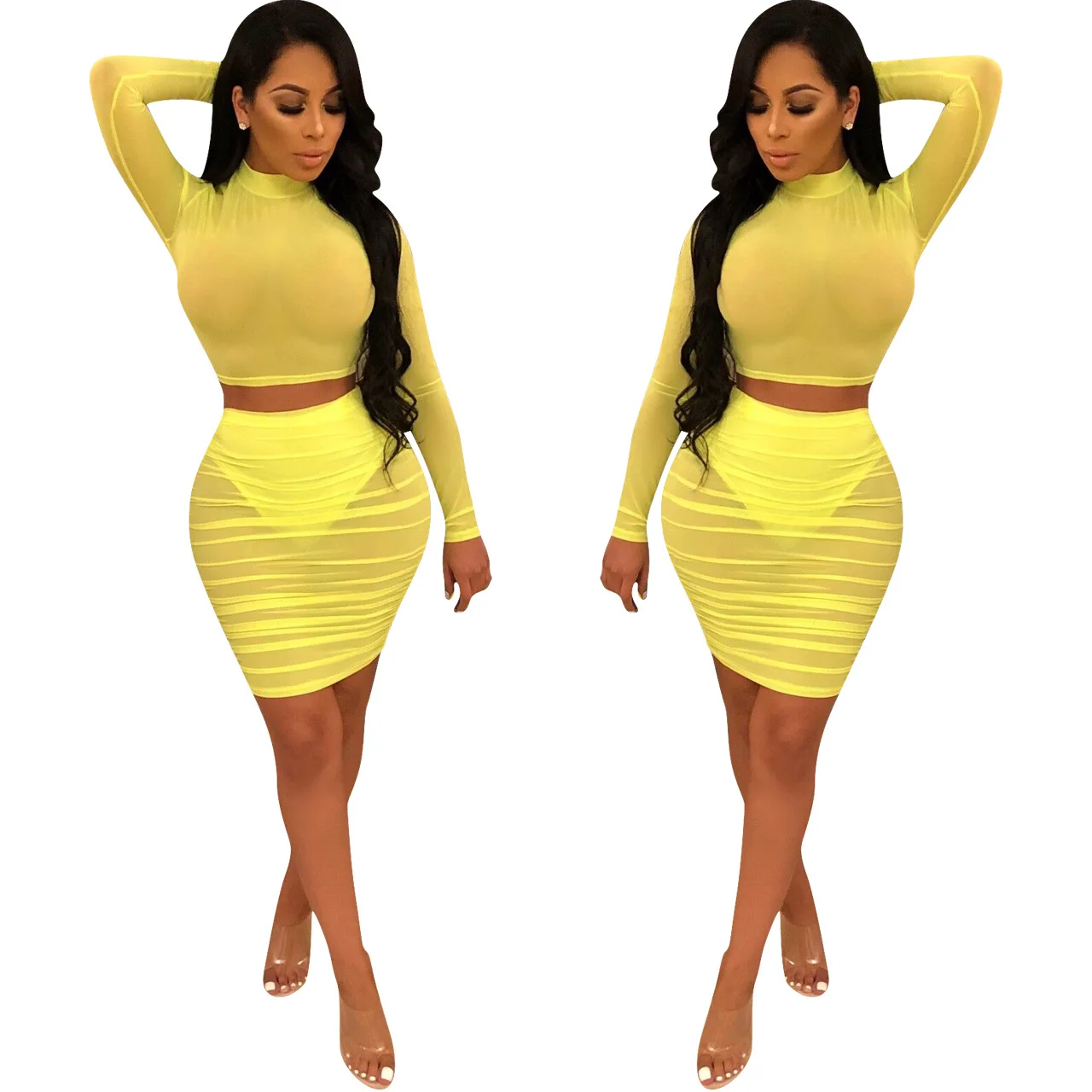 Womans Bodycon Skirt Set See Through Mesh Party Outfits Yellow Sexy Sheer 2 Pcs Set Clubwear T Shirts and Bandage Skirs Outfits
Womans Bodycon Skirt Set See Through Mesh Party Outfits Yellow Sexy Sheer 2 Pcs Set Clubwear T Shirts and Bandage Skirs Outfits