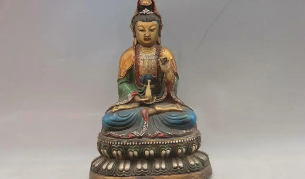 China Bronze Copper Color Painted Buddhism GuanYin Kwan-yin Hold Bottle Statue 22cm
China Bronze Copper Color Painted Buddhism GuanYin Kwan-yin Hold Bottle Statue 22cm