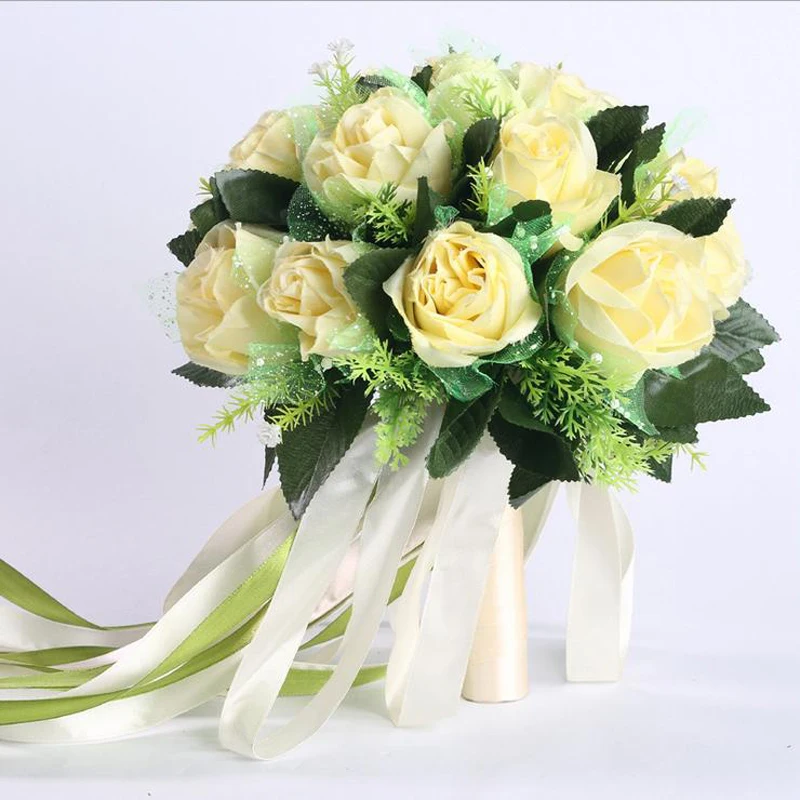 

Handmade Wedding Bridal Bridesmaid Bouquet Champagne Artificial Silk Roses Bride Bouquets Hand Holding Flower Home Decoration