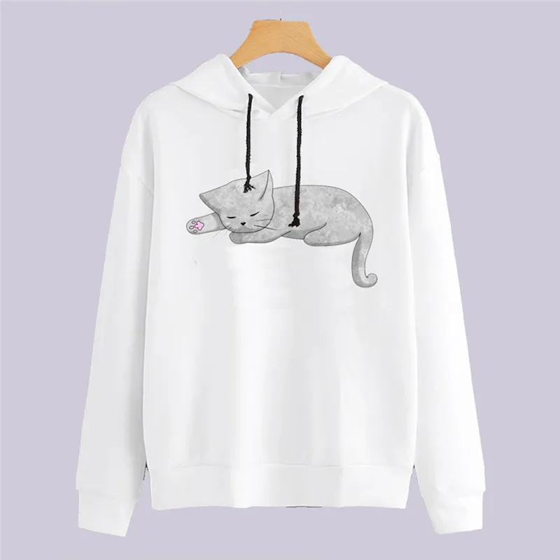Women Sweatshirt Casual Solid Color Cat Pattern Long Sleeve Hooded Pullover women's clothing hoodies T# | Женская одежда
