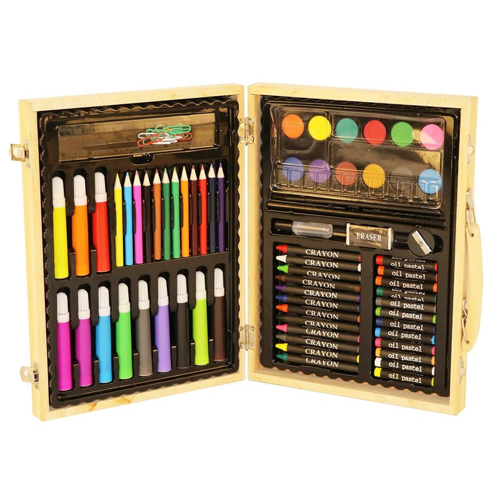 67pcs/set Deluxe Wood Art Set for Kids in Wooden Case Children Students Supplies Oil Painting Stick Paint Brush | Канцтовары для