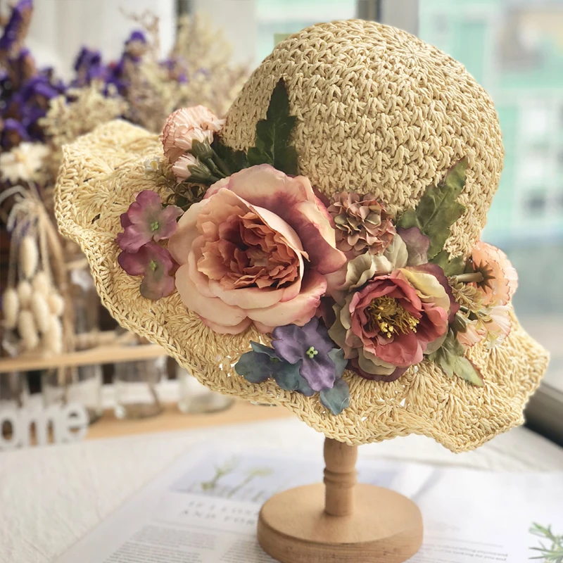 

Summer Knitted Wide Brim Straw Hat Women Floral Sweet Casual Sun Hats Beach Travel Dome Elegant Caps Fashion Adjustable 55-58cm
