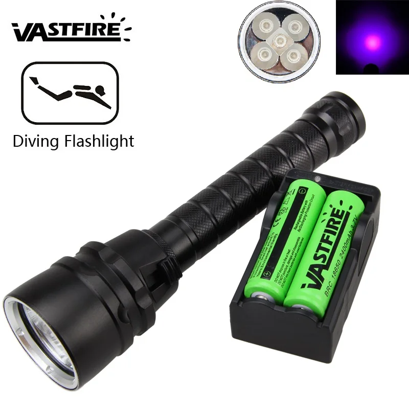 

Professional Underwater 100M UV Scuba Diving Flashlight Waterproof 5X XPE LED 395nm 18650 flashlight Torch