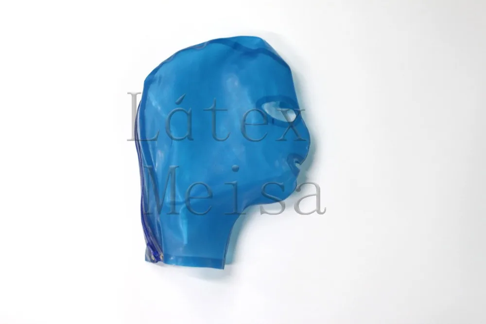 Novelty transparent blue latex catsuit mask open eyes nostrils and mouth with back zip for adults
Novelty transparent blue latex catsuit mask open eyes nostrils and mouth with back zip for adults