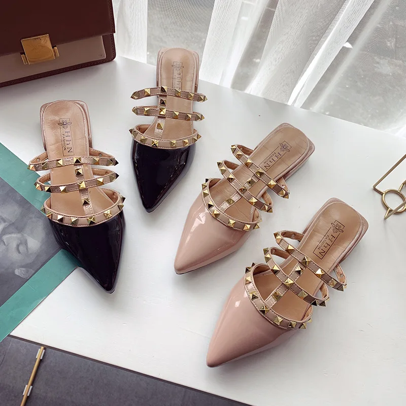 XDA Women Pointed Toe Slippers Slip on Mules Brand Designers 2019 Fashion Luxury Rivet T-strap Slides casual slipper C05 | Обувь