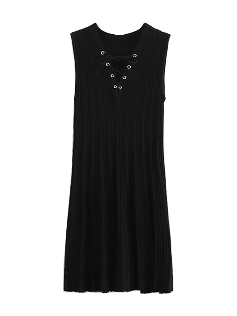 Spring new lace sleeveless knit dress women, solid color wild V collar female A word dress, casual dress
Spring new lace sleeveless knit dress women, solid color wild V collar female A word dress, casual dress