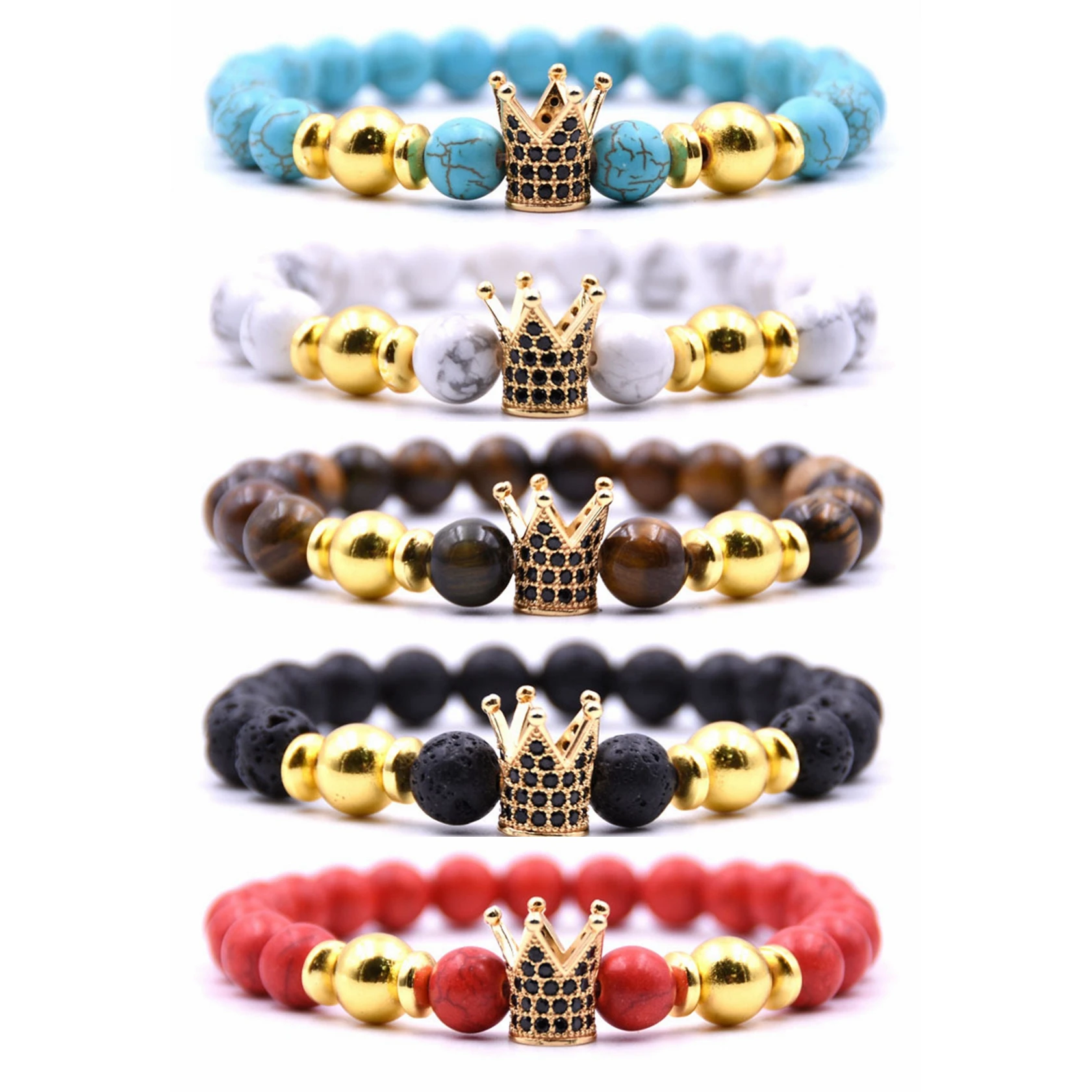 

Crown King Charm Bracelet Semi Precious Stone 8mm Beads Men Women Rock Lava Tiger's Eye Howlite