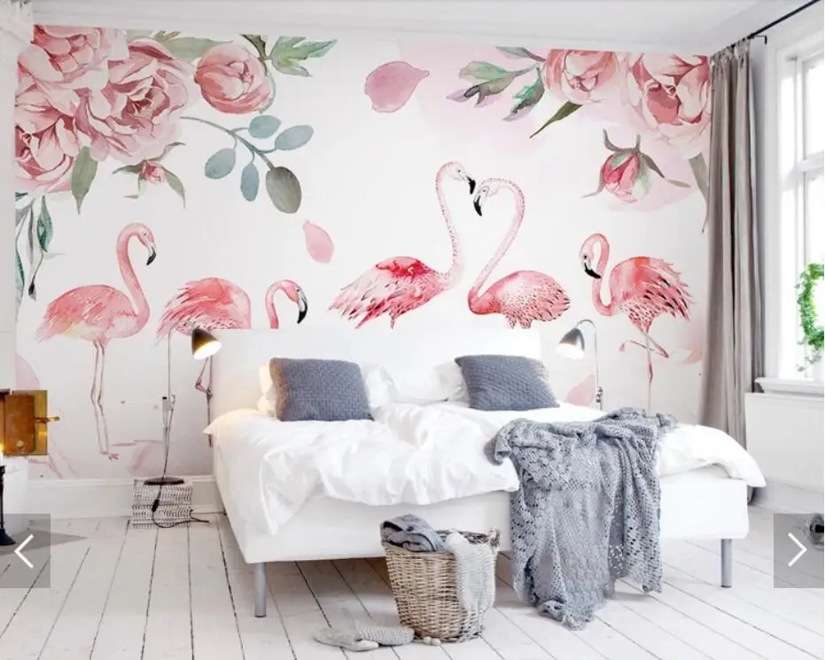 Фото Акварель Ручная роспись Фламинго фрески современные Розовые розы цветы
