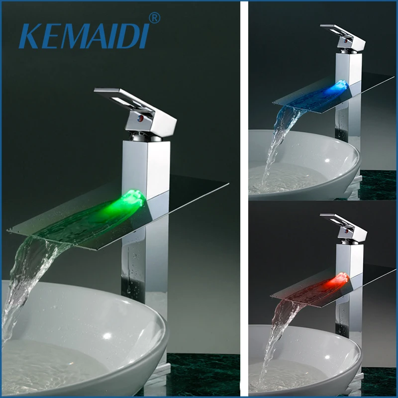 

KEMAIDI LED Chrome Tall Basin Faucet Water Tap Bathroom Sink Mixer Waterfall Torneira Vanity Vessel Sinks Mixers Taps Faucets