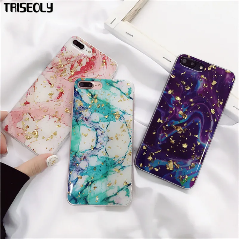 Чехол Triseoly из золотой фольги с блестками и мрамором для телефона iPhone X 8 7 Plus мягкий