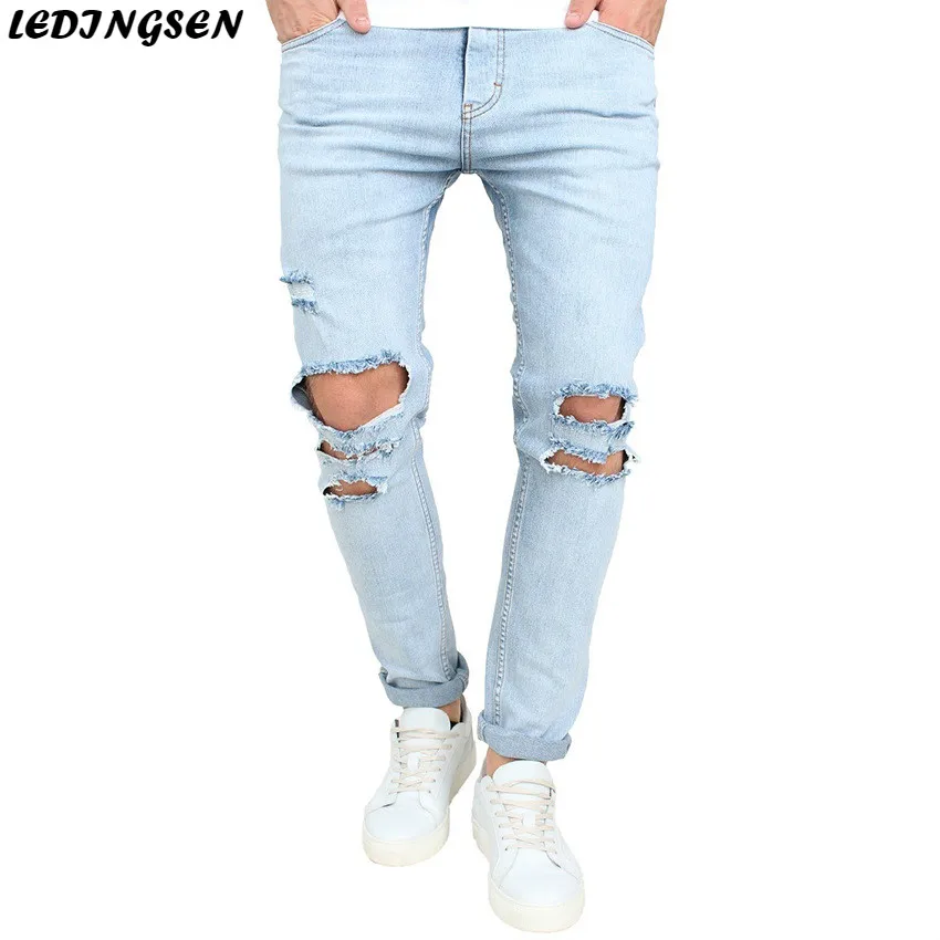 LEDINGSEN мужские обтягивающие рваные джинсы синие потертые Стрейчевые Hombre Slim Fit