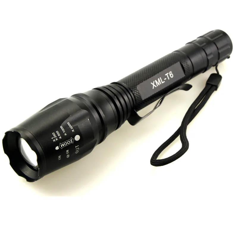 

5000 lumen led flashlight cree xml t6 5 mode zoomable torch flashlight with clamp powered by 2 x 18650 battery