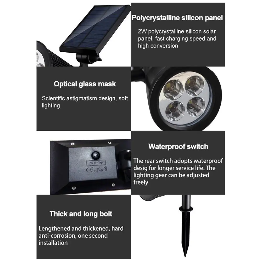 4 LED Solar Lawn Lights Colorful Spotlights Waterproof Landscape Light Adjustable Wall Lamp Courtyard Garden Decoration Lighting
4 LED Solar Lawn Lights Colorful Spotlights Waterproof Landscape Light Adjustable Wall Lamp Courtyard Garden Decoration Lighting