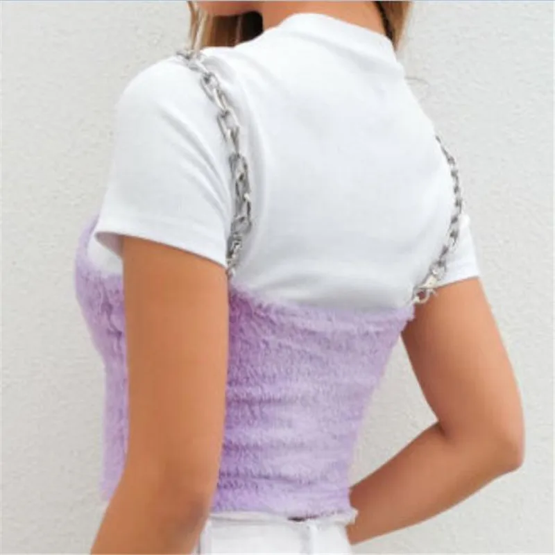 Women's Fur Metal Chain Strappy Vest New Sexy Purple Color Tank Tops Wear Ladies' Summer Fashionable Short Camisole Hot Selling
Women's Fur Metal Chain Strappy Vest New Sexy Purple Color Tank Tops Wear Ladies' Summer Fashionable Short Camisole Hot Selling