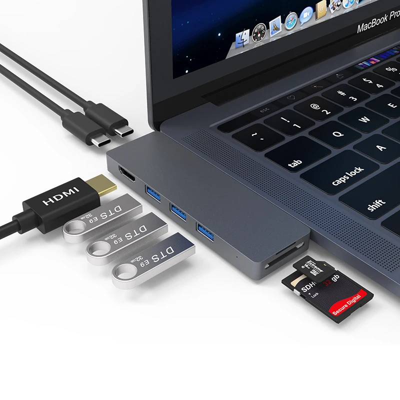 Прямая поставка двойной Type C 7в1 USB3.0 Тип концентратор HDMI RJ45 адаптер для MacBookPro OTG USB