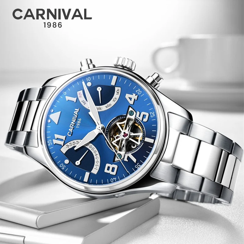 CARNIVAL Tourbillon Fashion Wave Silver blue Clock Luminous Display Mens Automatic Mechanical Watches Top Brand Luxury 2019
CARNIVAL Tourbillon Fashion Wave Silver blue Clock Luminous Display Mens Automatic Mechanical Watches Top Brand Luxury 2019