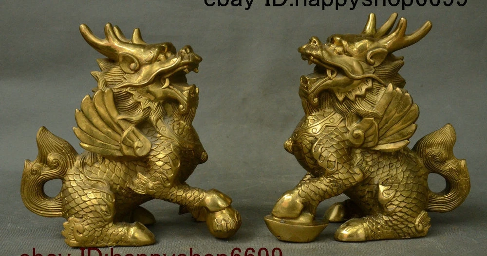 China Feng shui Brass Kylin Chi-lin Qilin Beast Ball Yuan Bao Statue Pair 8 inch
China Feng shui Brass Kylin Chi-lin Qilin Beast Ball Yuan Bao Statue Pair 8 inch