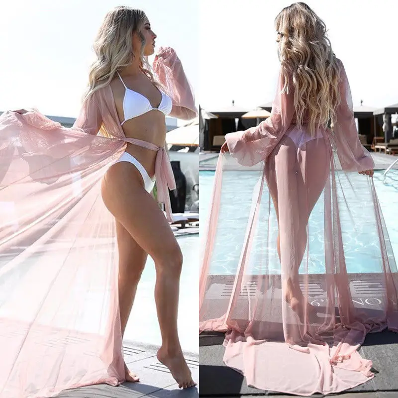 2018 new summer sexy Women Chiffon see-through Bikini long Cover Up Swimsuit Swimwear Beach Dress Bathing Suit | Женская одежда