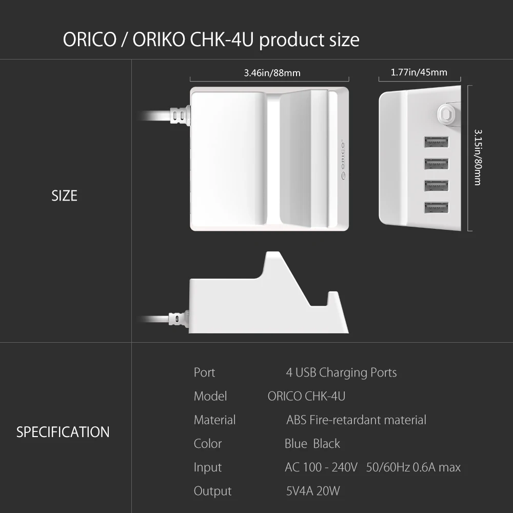 ORICO USB Charger 5V4A 4 Ports Portable Travel Desktop Charger With Phone Holder EU US UK Plug Adapter For Phone Tablet
ORICO USB Charger 5V4A 4 Ports Portable Travel Desktop Charger With Phone Holder EU US UK Plug Adapter For Phone Tablet