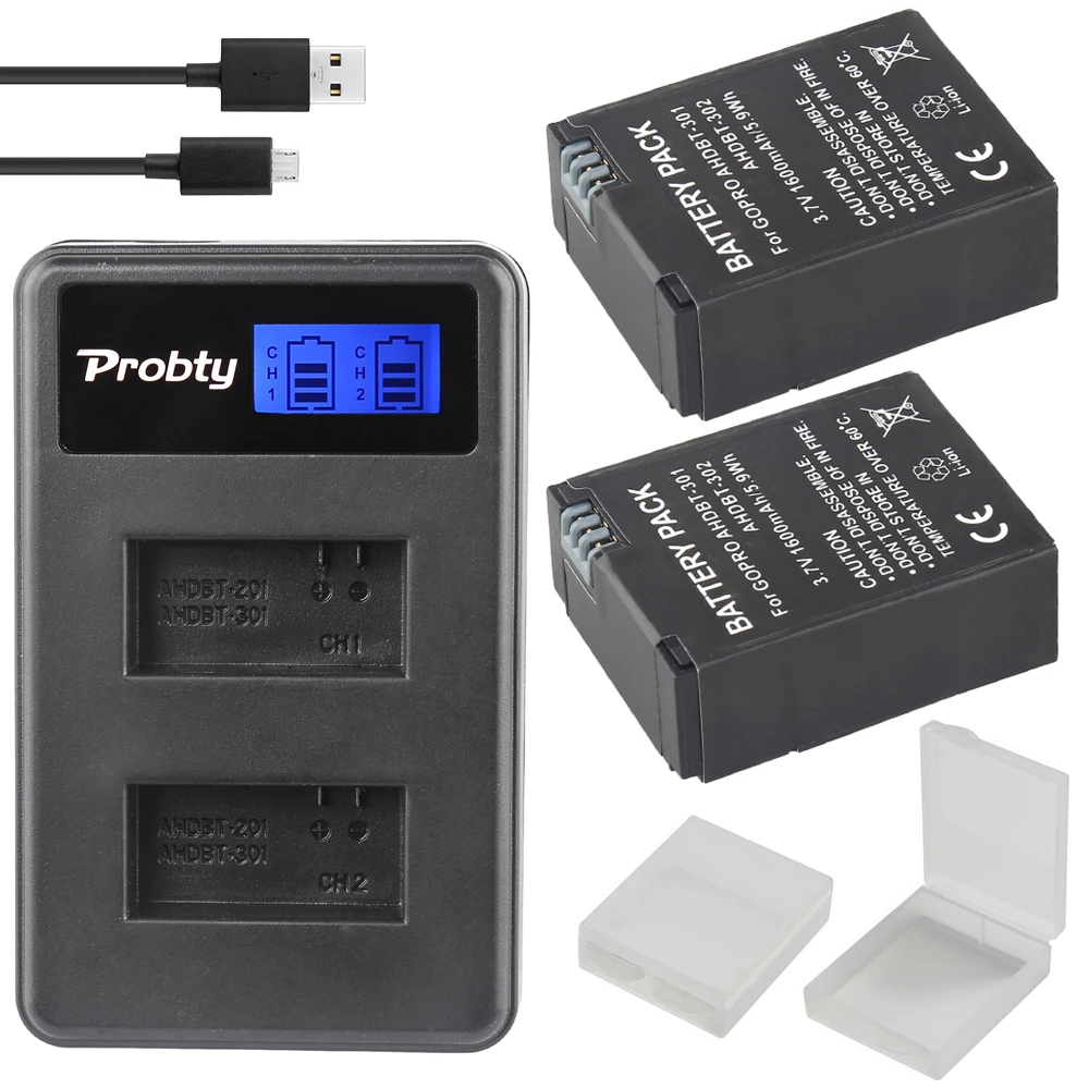 PROBTY 2Pcs 1600mAh AHDBT-301 GoPro Hero3 Battery + LCD Dual Charger For GoPro Hero 3 Hero 3+ Camera Accessories
PROBTY 2Pcs 1600mAh AHDBT-301 GoPro Hero3 Battery + LCD Dual Charger For GoPro Hero 3 Hero 3+ Camera Accessories