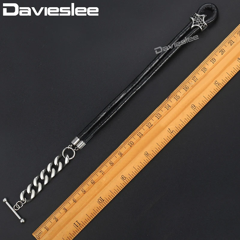 Davieslee Для мужчин s кожаный браслет черный циркония очарование Gunmetal