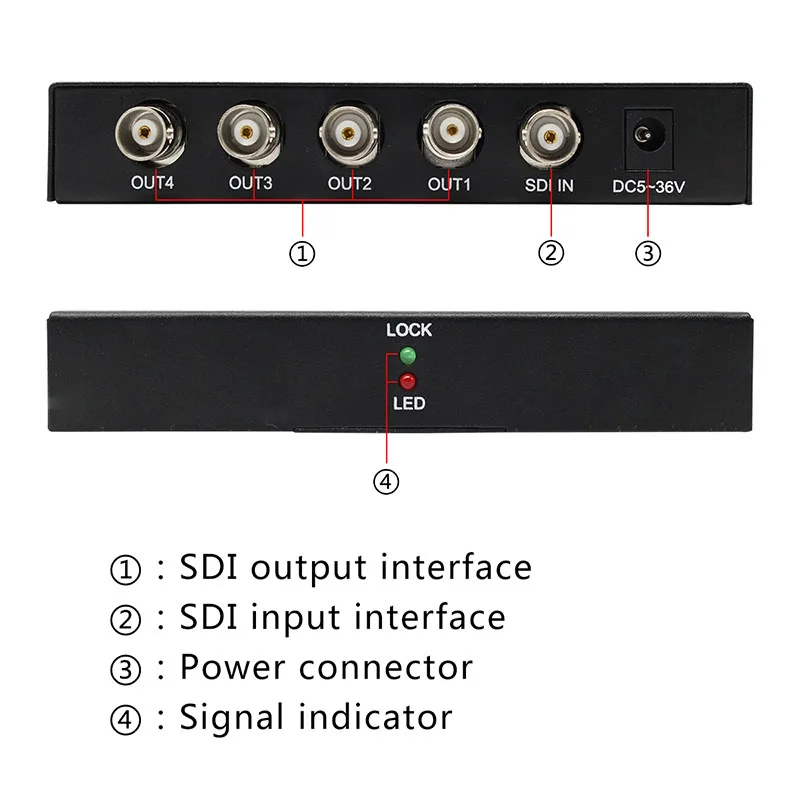 

US EU UK AU 1x4 SDI Splitter Amplifier Converter SD-SDI HD-SDI 3G-SDI Video Repeater Extender Adapte