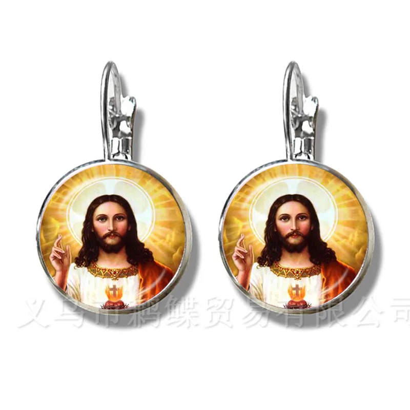 

2018 New Style Blessed Virgin Mary Mother Of Baby Earrings Jesus Christian Catholic Religious Glass Jesus Stud Earrings For Gift