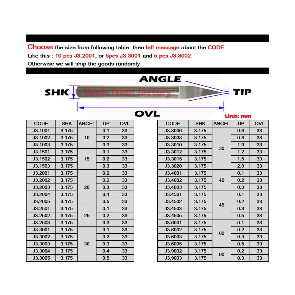 10Pcs 3.175mm Tungsten Bit V Shape Carbide PCB Engraving Bits CNC Router Tool Choose size J3.2501-3020 acrylic carving frezer
10Pcs 3.175mm Tungsten Bit V Shape Carbide PCB Engraving Bits CNC Router Tool Choose size J3.2501-3020 acrylic carving frezer
