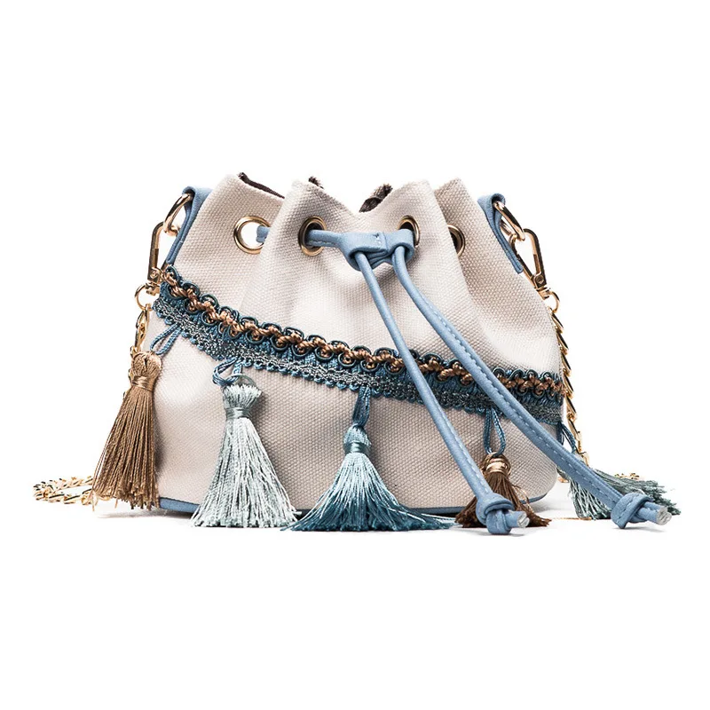 

Женская Холщовая Сумка-ведро с кисточками, модная сумка-ведро в европейском стиле, сумка через плечо для девушек, новинка 2017