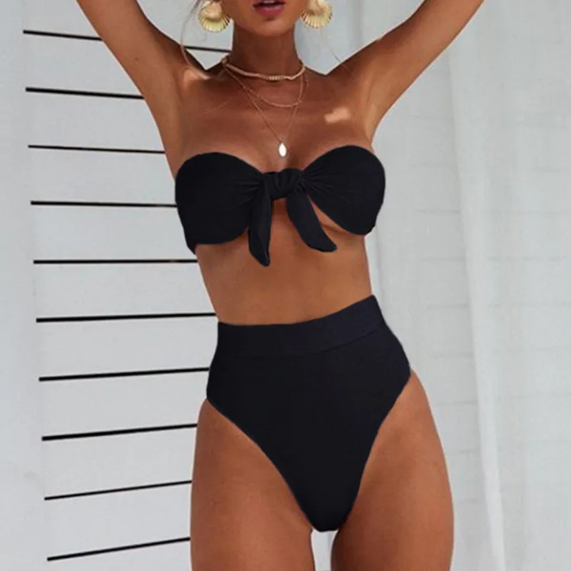 Sexy Bowknot Swimwear Womens Plain Bikini Set 2 pieces High Waist Ladies Bathing Suit Push Up Padded Beachwear | Спорт и развлечения
