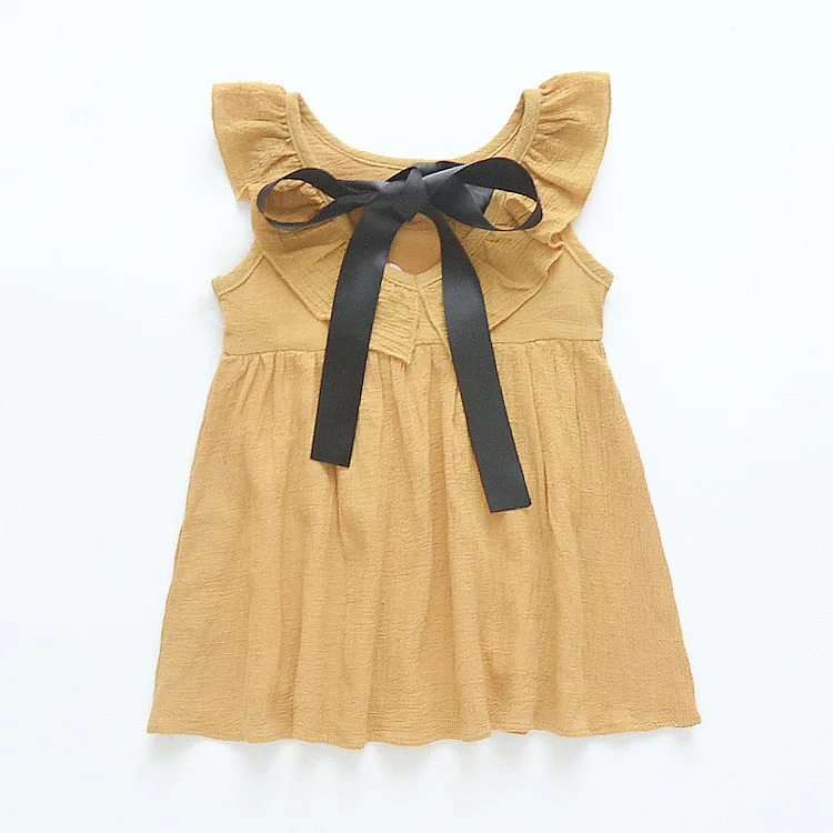 Latest style ruffle bow back side cotton boutique girl baby dresses summer