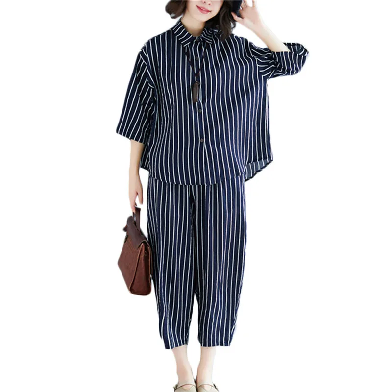 Spring Autumn New Vertical striped Suit Women seven-point sleeve Shirt casual pants Two Suits Womens Fashion Casual Sets F011
Spring Autumn New Vertical striped Suit Women seven-point sleeve Shirt casual pants Two Suits Womens Fashion Casual Sets F011