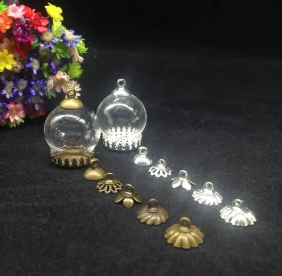 

3pcs 20*15mm clear glass globe bubble with crown tray 8mm metal cap necklace glass vial pendant glass cover dome wishing bottle