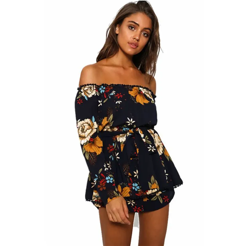 Для женщин Playsuit летние пикантные женские с длинным рукавом Slash шеи цветочные