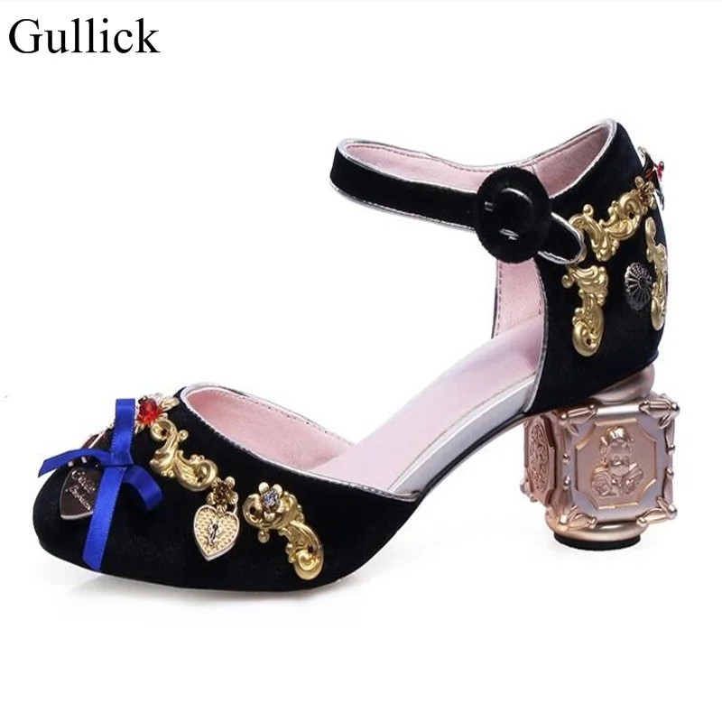 

National Style Metal Heels Ankle Strap Pumps Bowtie Flower Velevt Chunky Heel Pumps Round Toe Women Wedding Party Dress Shoes