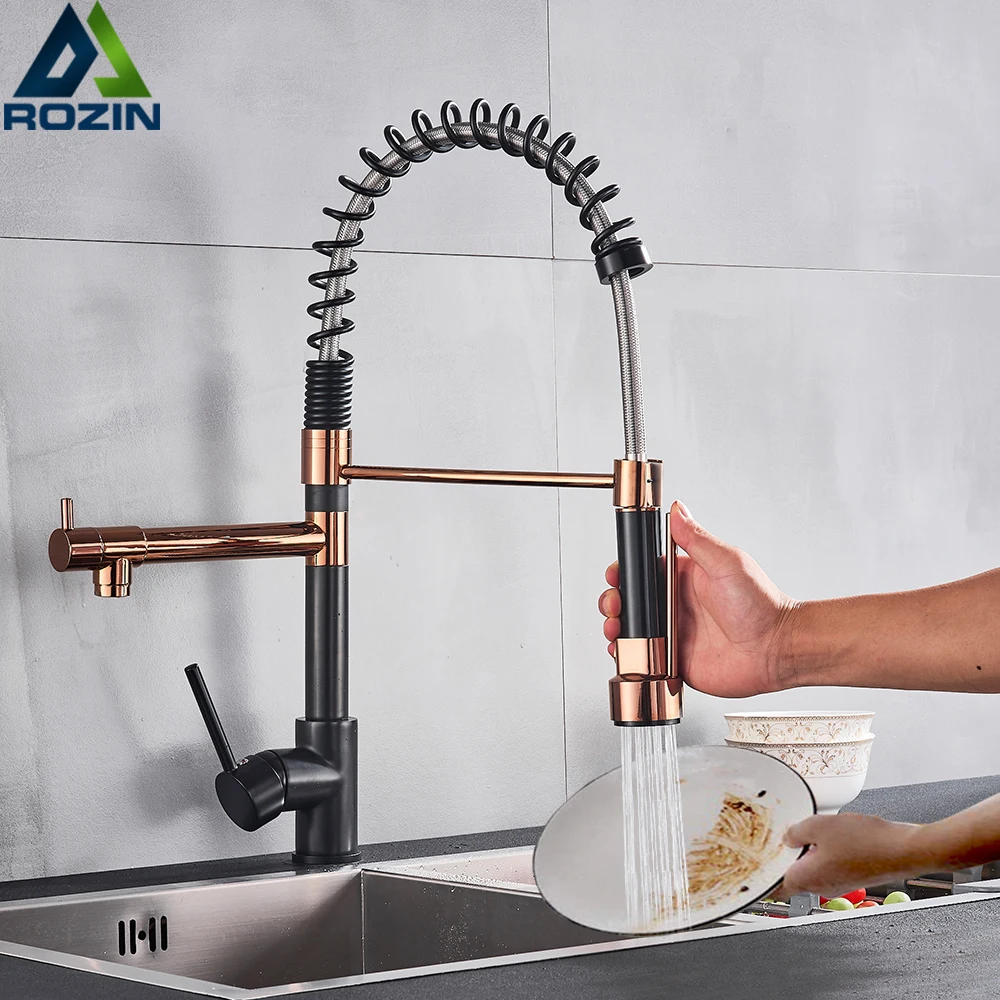 NEW Rozin Black and Rose Golden Spring Pull Down Kitchen Sink Faucet Hot & Cold Water Mixer Crane Tap with Dual Spout Deck
NEW Rozin Black and Rose Golden Spring Pull Down Kitchen Sink Faucet Hot & Cold Water Mixer Crane Tap with Dual Spout Deck