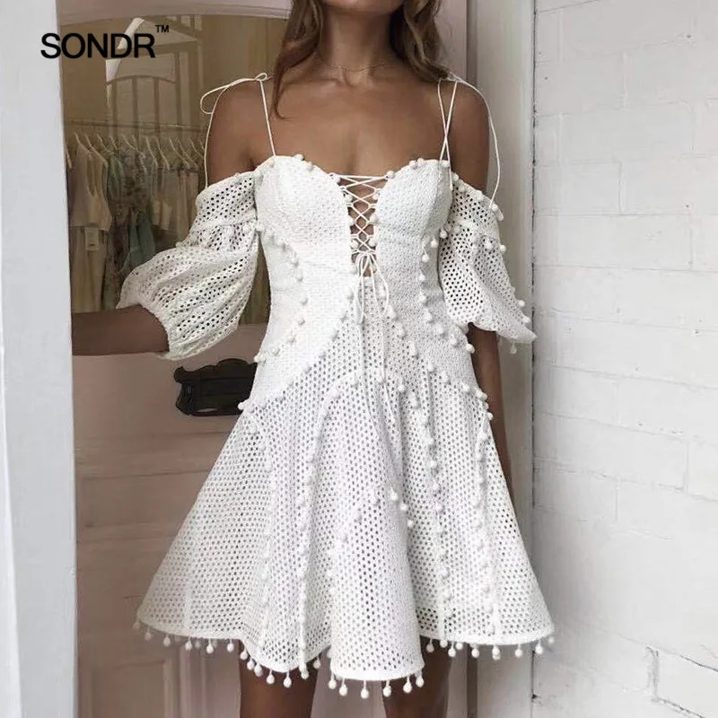 

SONDR 2019 Fashion Strap Off The Shoulder Women White Beach Holiday A-line Dress