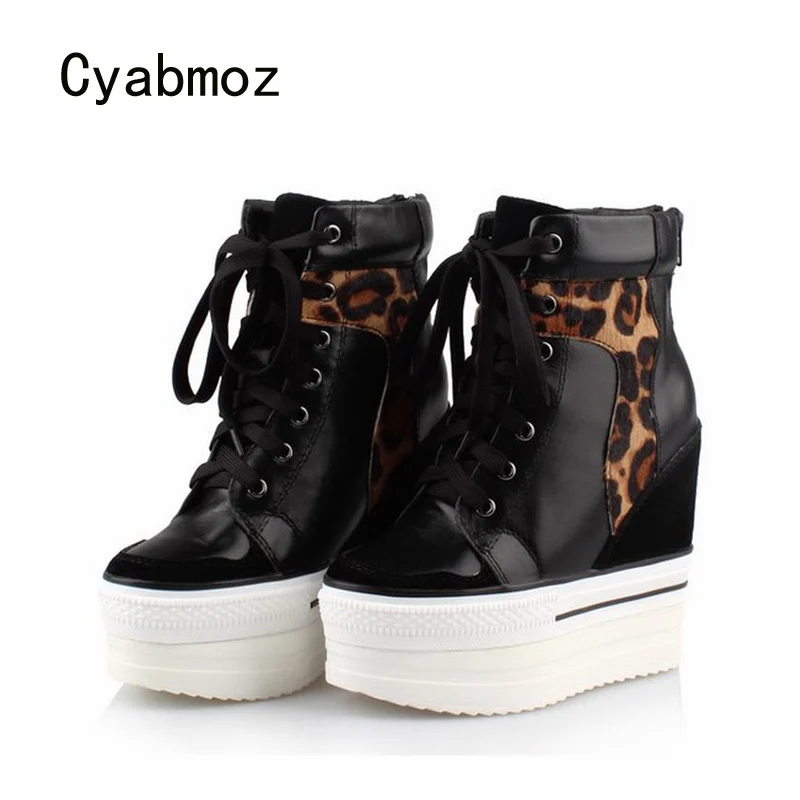 Фото Женские леопардовые туфли Cyabmoz из натуральной кожи на платформе и высоком