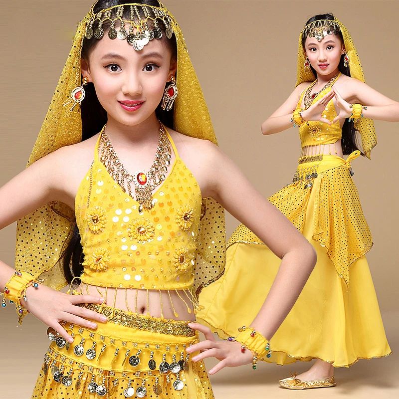 Indian Sari Children Indian Dance 5-piece Costume Set (Top, Belt, Skirt and Head Pieces) Kids Bollywood Dance Costumes for Girls
Indian Sari Children Indian Dance 5-piece Costume Set (Top, Belt, Skirt and Head Pieces) Kids Bollywood Dance Costumes for Girls
