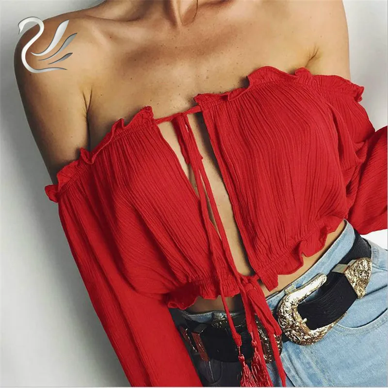 Women Sexy Off Shoulder Blouse Crop Top 2019 Summer Flare Sleeve Bandage Long Sleeve Shirt Casual Blouse Blusas feminina
Women Sexy Off Shoulder Blouse Crop Top 2019 Summer Flare Sleeve Bandage Long Sleeve Shirt Casual Blouse Blusas feminina