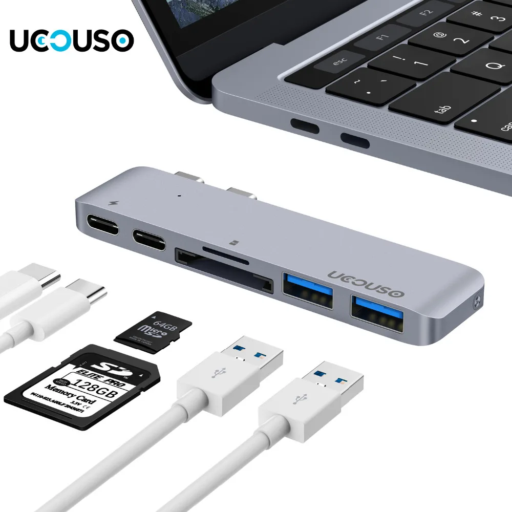 UCOUSO UC28A алюминия USB C концентратор с 2 Superspeed 3 0 Порты Card Reader 40 Гбит/с Thunderbolt3 и разъёмы