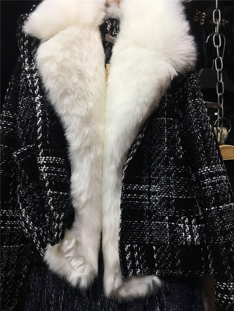 Для женщин плед меховой воротник пальто 2018 зимняя теплая куртка с мехом