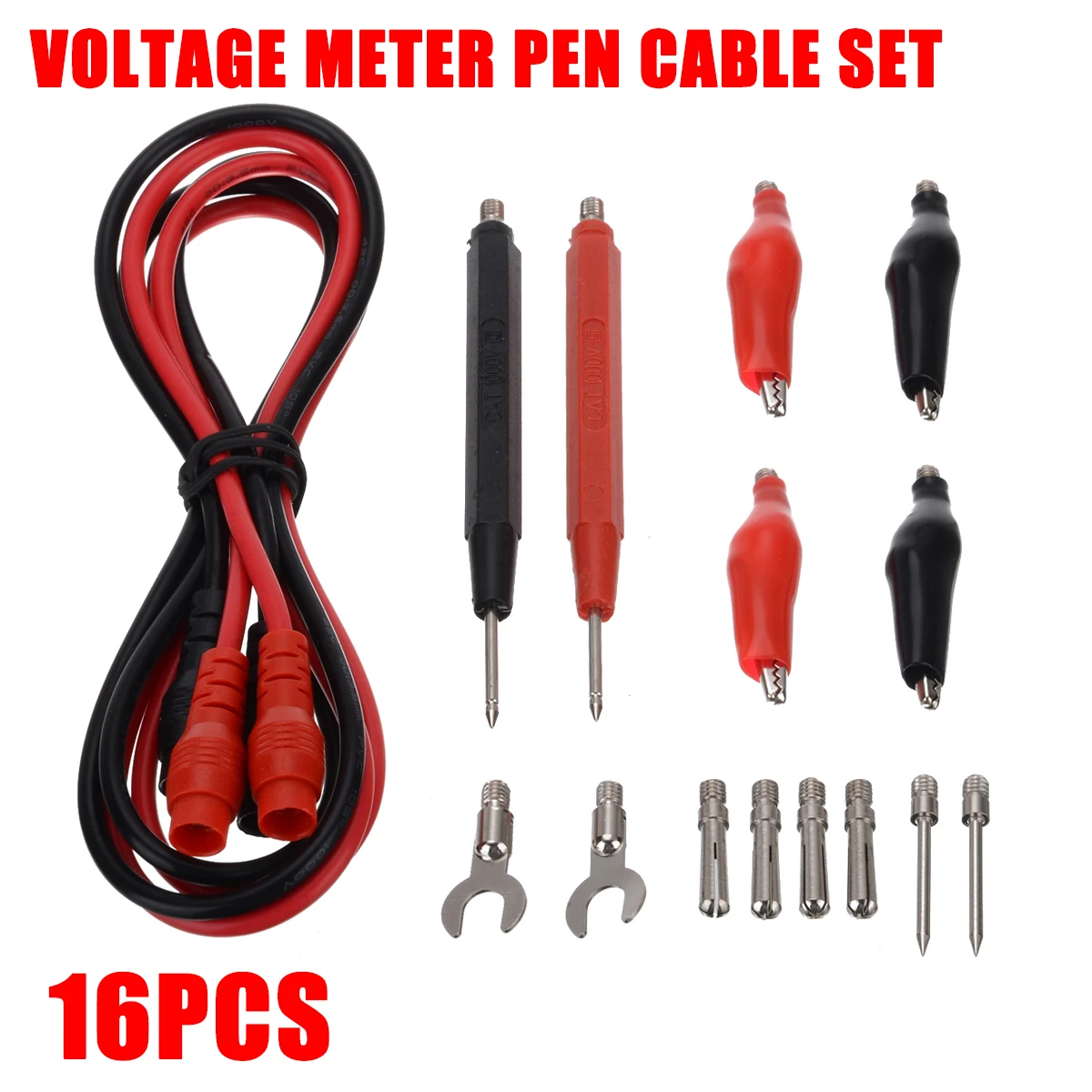 16Pcs Multimeter Test Lead Pen Voltage Meter Cable Multifunction Digital Test Probe + Crocodile Clips + Spade Connectors Kit
16Pcs Multimeter Test Lead Pen Voltage Meter Cable Multifunction Digital Test Probe + Crocodile Clips + Spade Connectors Kit
